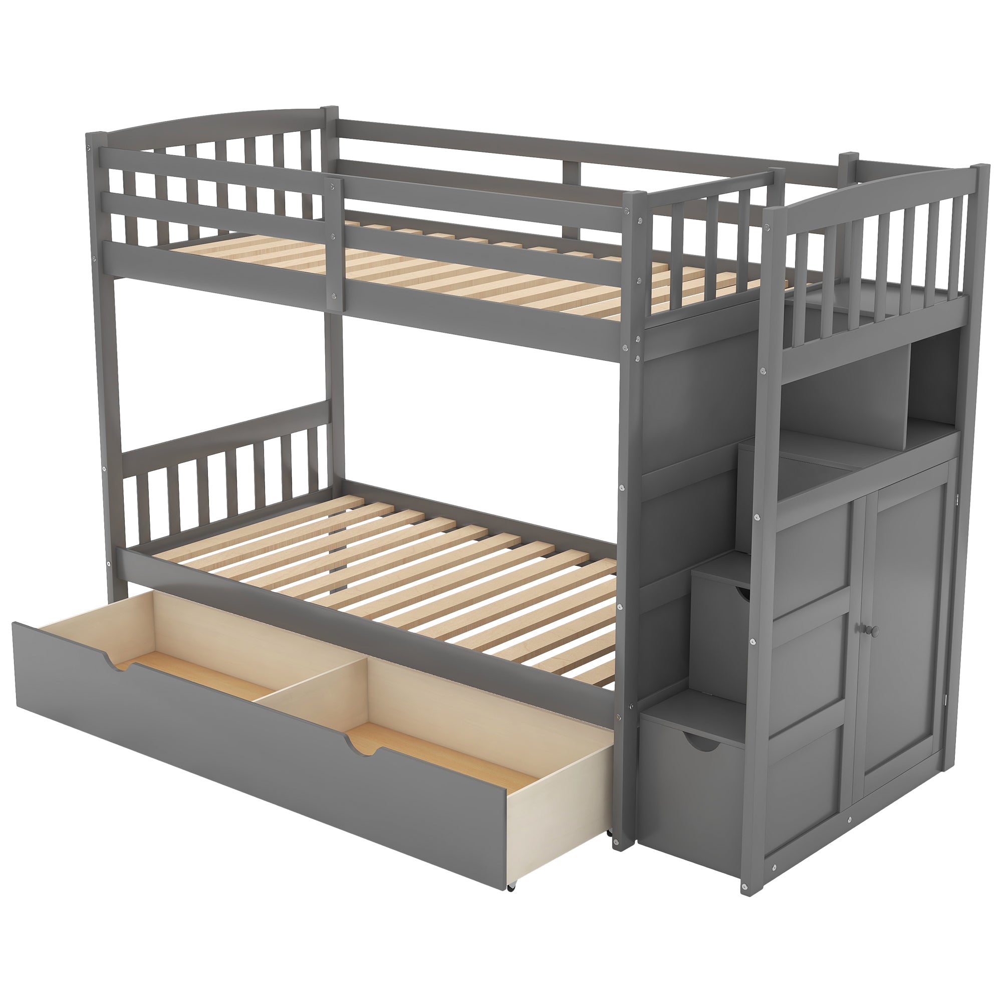 Twin Over Full/Twin Bunk Bed, Convertible Bottom Bed, Storage Shelves and Drawers