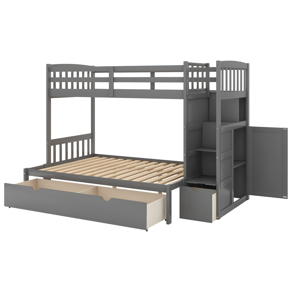 Twin Over Full/Twin Bunk Bed, Convertible Bottom Bed, Storage Shelves and Drawers