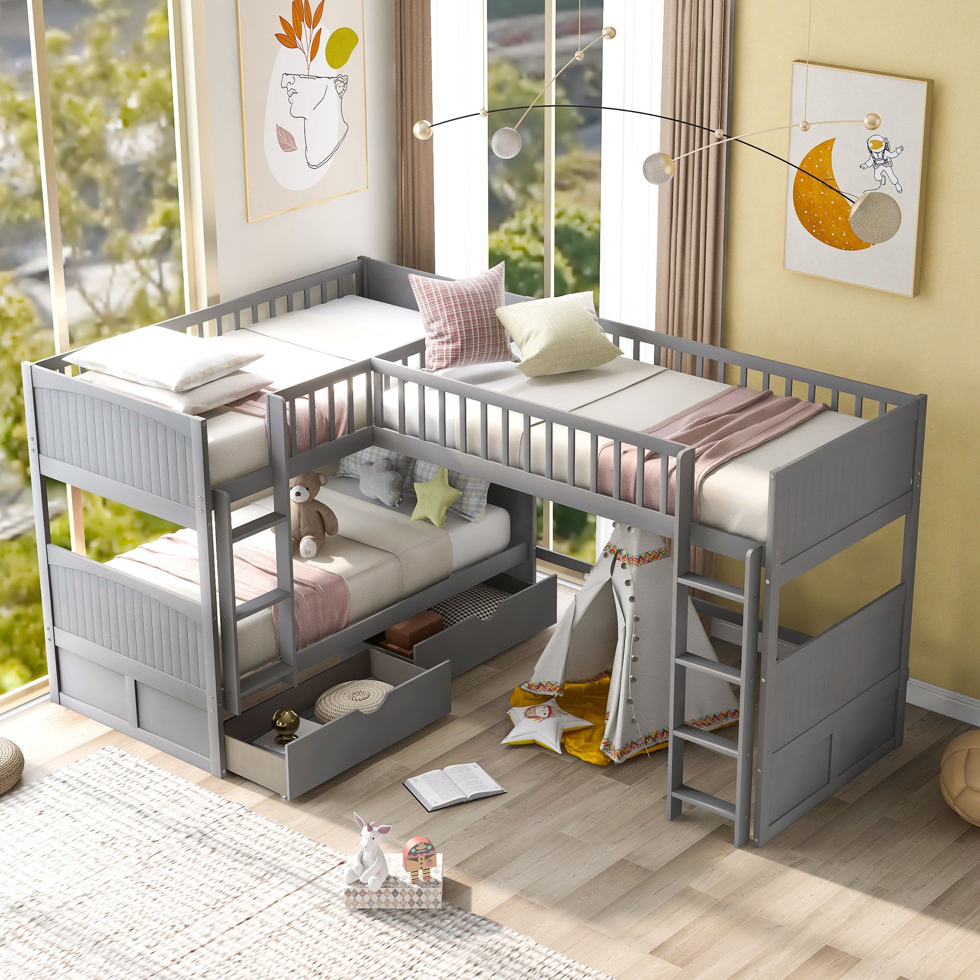 Twin Size Bunk Bed with a Loft Bed Attached, with Two Drawers
