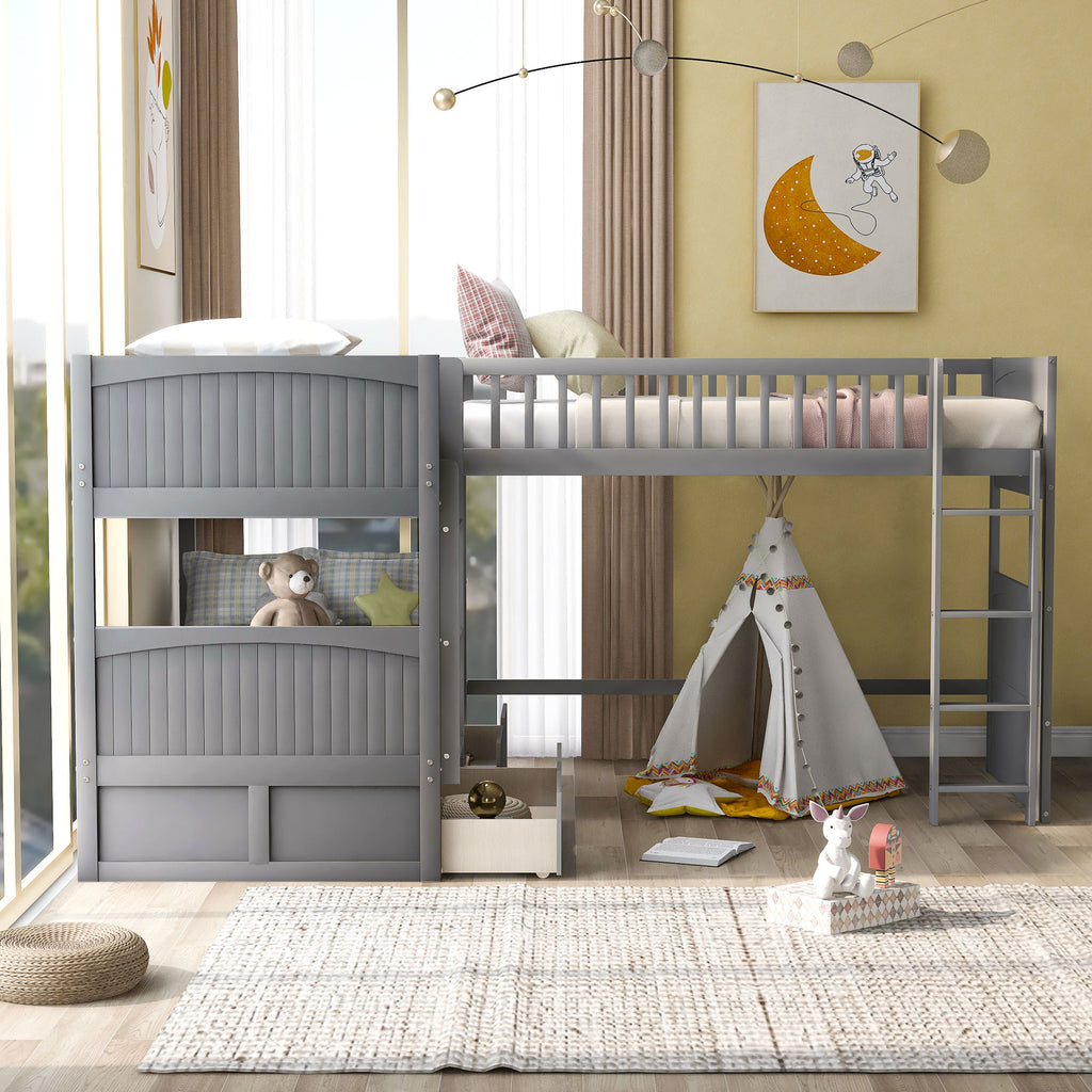 Twin Size Bunk Bed with a Loft Bed Attached, with Two Drawers