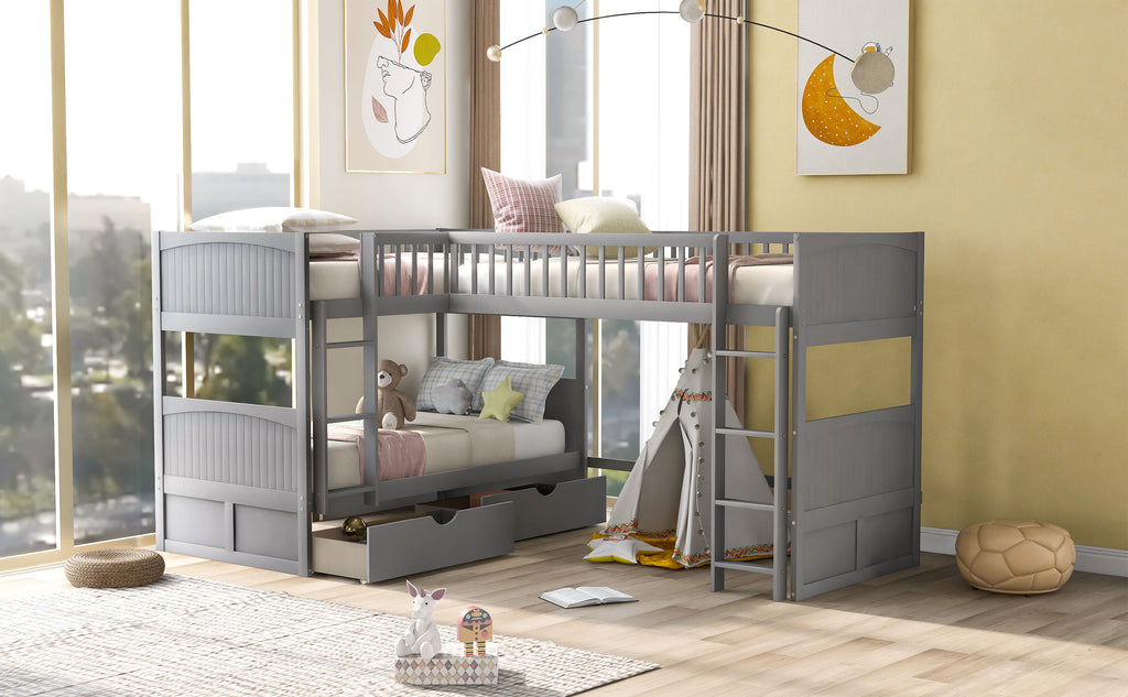 Twin Size Bunk Bed with a Loft Bed Attached, with Two Drawers