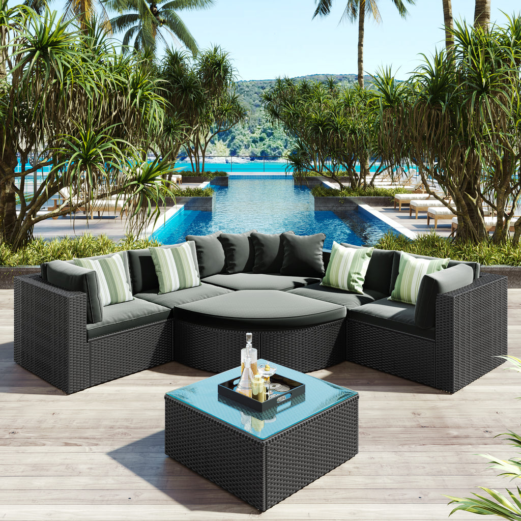GO 7-Piece Outdoor Wicker Sofa Set with Striped Cushions
