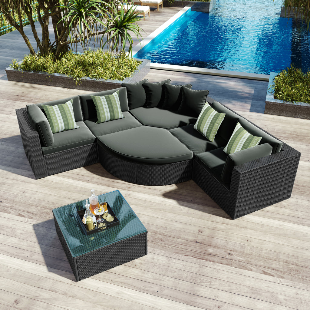 GO 7-Piece Outdoor Wicker Sofa Set with Striped Cushions