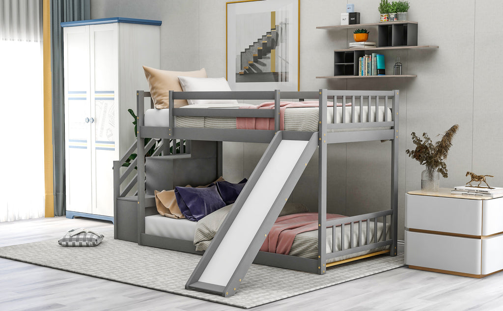 Twin Over Twin Bunk Bed with Convertible Slide and Stairway