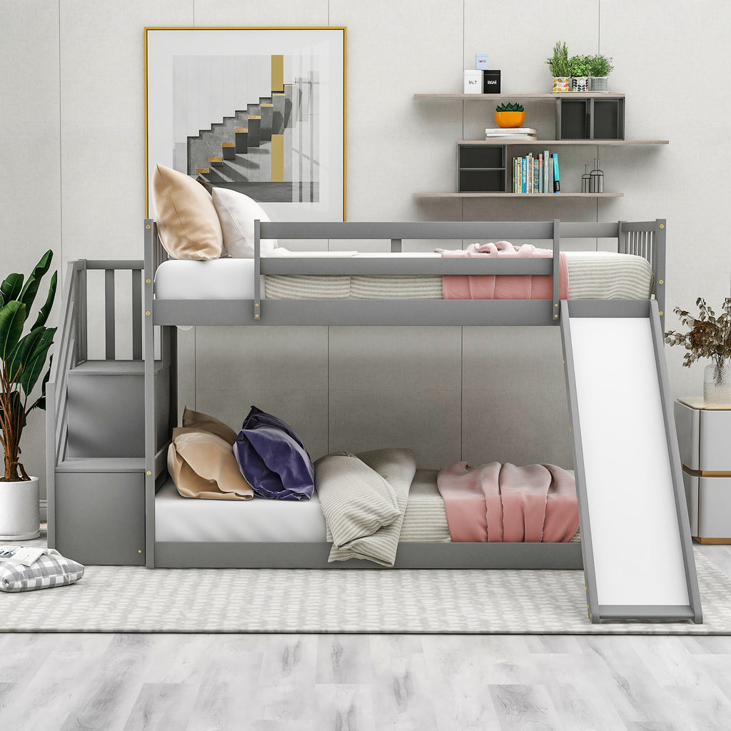 Twin Over Twin Bunk Bed with Convertible Slide and Stairway
