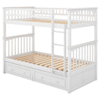 Twin Over Twin Bunk Bed with Drawers, Convertible Beds, White