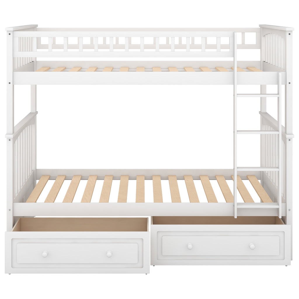 Twin Over Twin Bunk Bed with Drawers, Convertible Beds, White