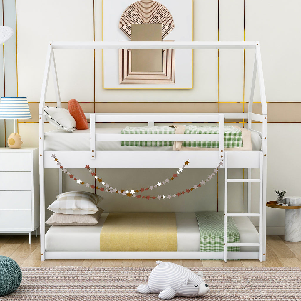 Twin Over Twin Low Bunk Bed with Ladder - White