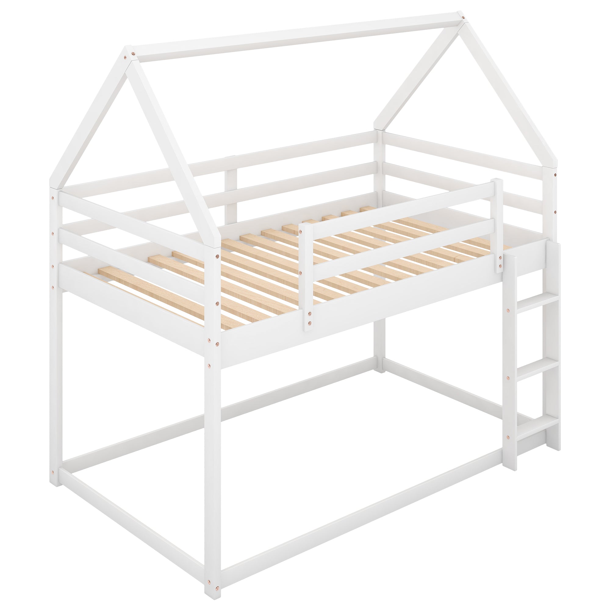 Twin Over Twin Low Bunk Bed with Ladder - White