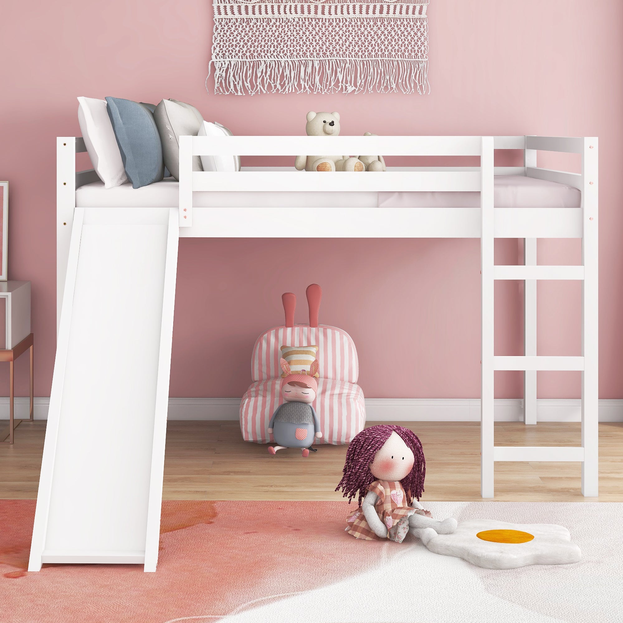 Loft Bed with Slide, Multifunctional Design, Full (White)