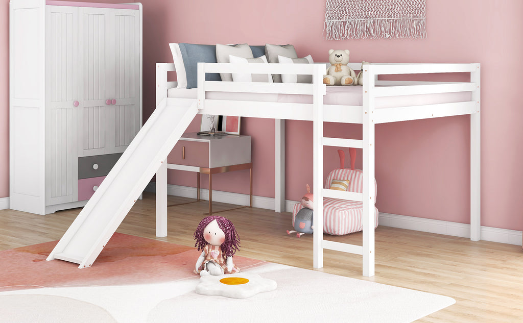 Loft Bed with Slide, Multifunctional Design, Full (White)