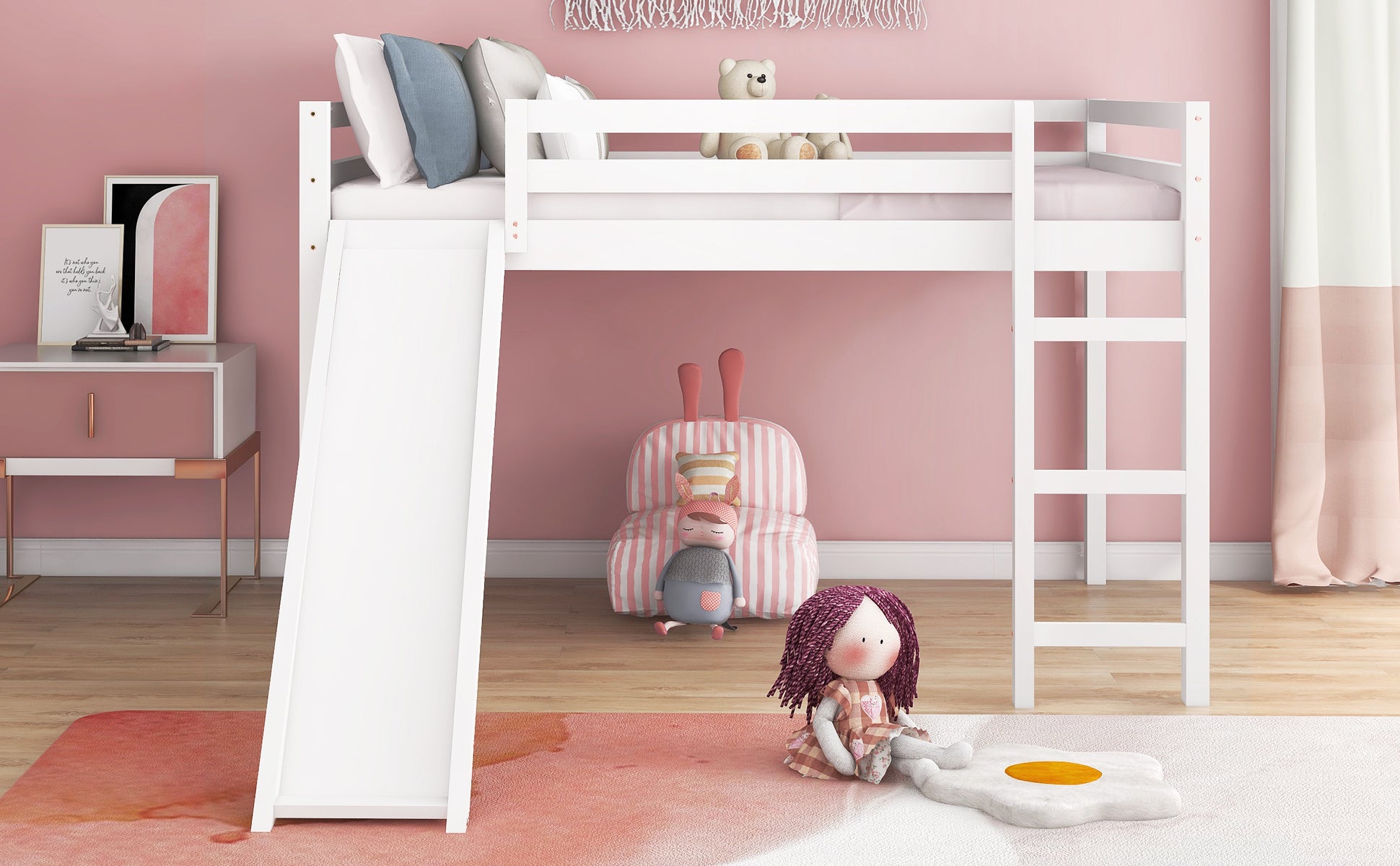 Loft Bed with Slide, Multifunctional Design, Full (White)