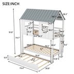 Twin Size House Bunk Bed with Trundle, Roof and Windows, White+Grey