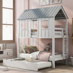 Twin Size House Bunk Bed with Trundle, Roof and Windows, White+Grey
