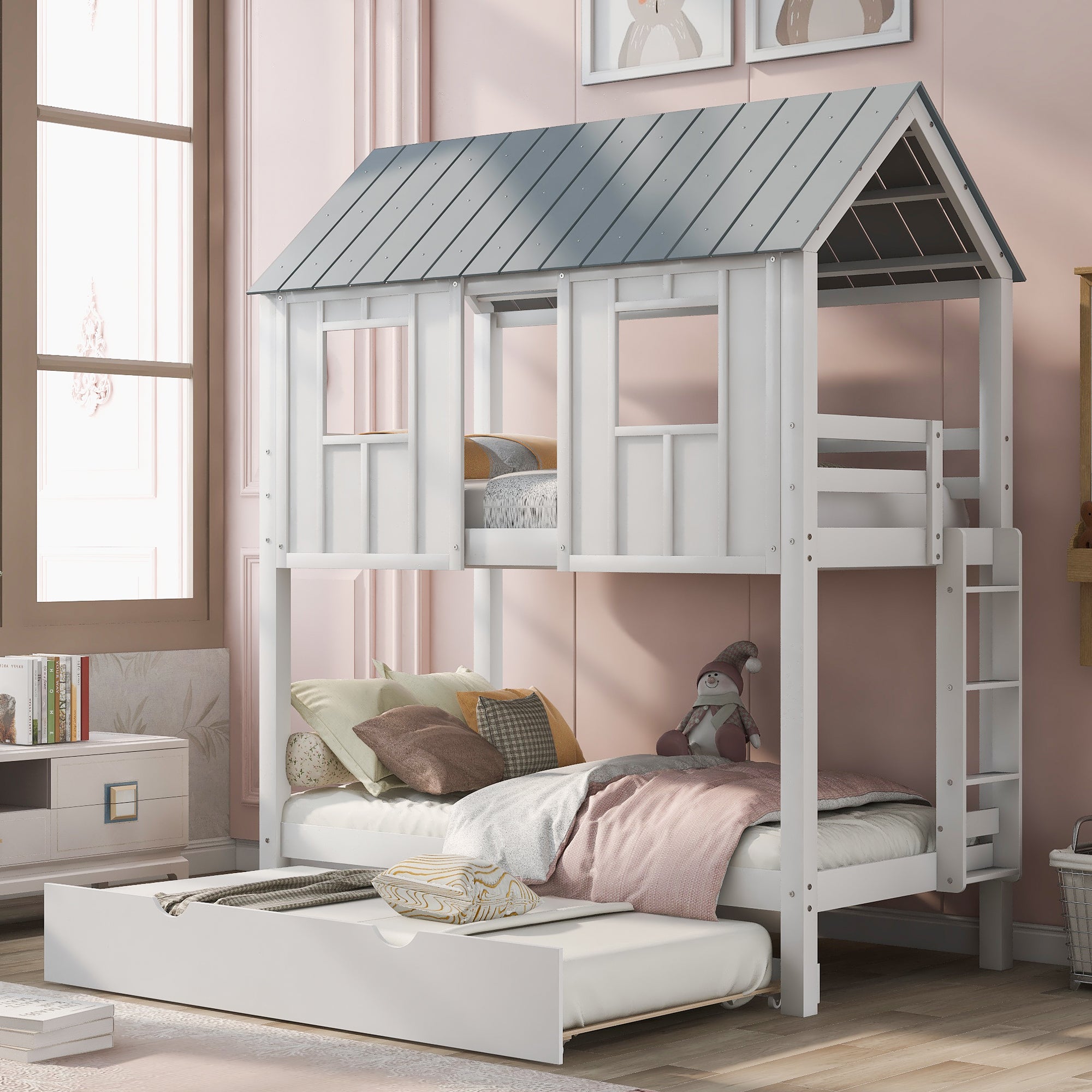 Twin Size House Bunk Bed with Trundle, Roof and Windows, White+Grey