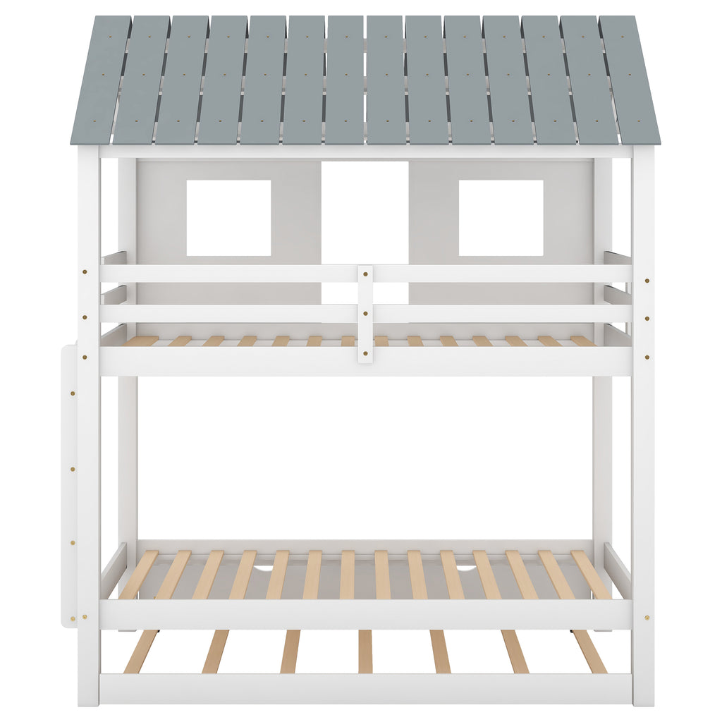 Twin Size House Bunk Bed with Trundle, Roof and Windows, White+Grey