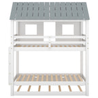 Twin Size House Bunk Bed with Trundle, Roof and Windows, White+Grey