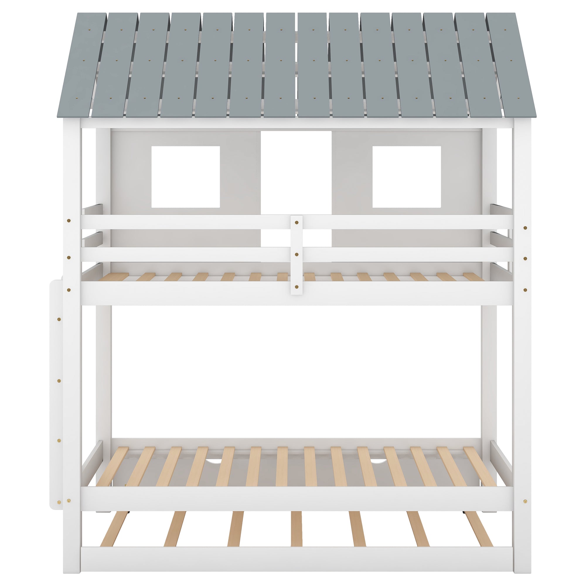 Twin Size House Bunk Bed with Trundle, Roof and Windows, White+Grey