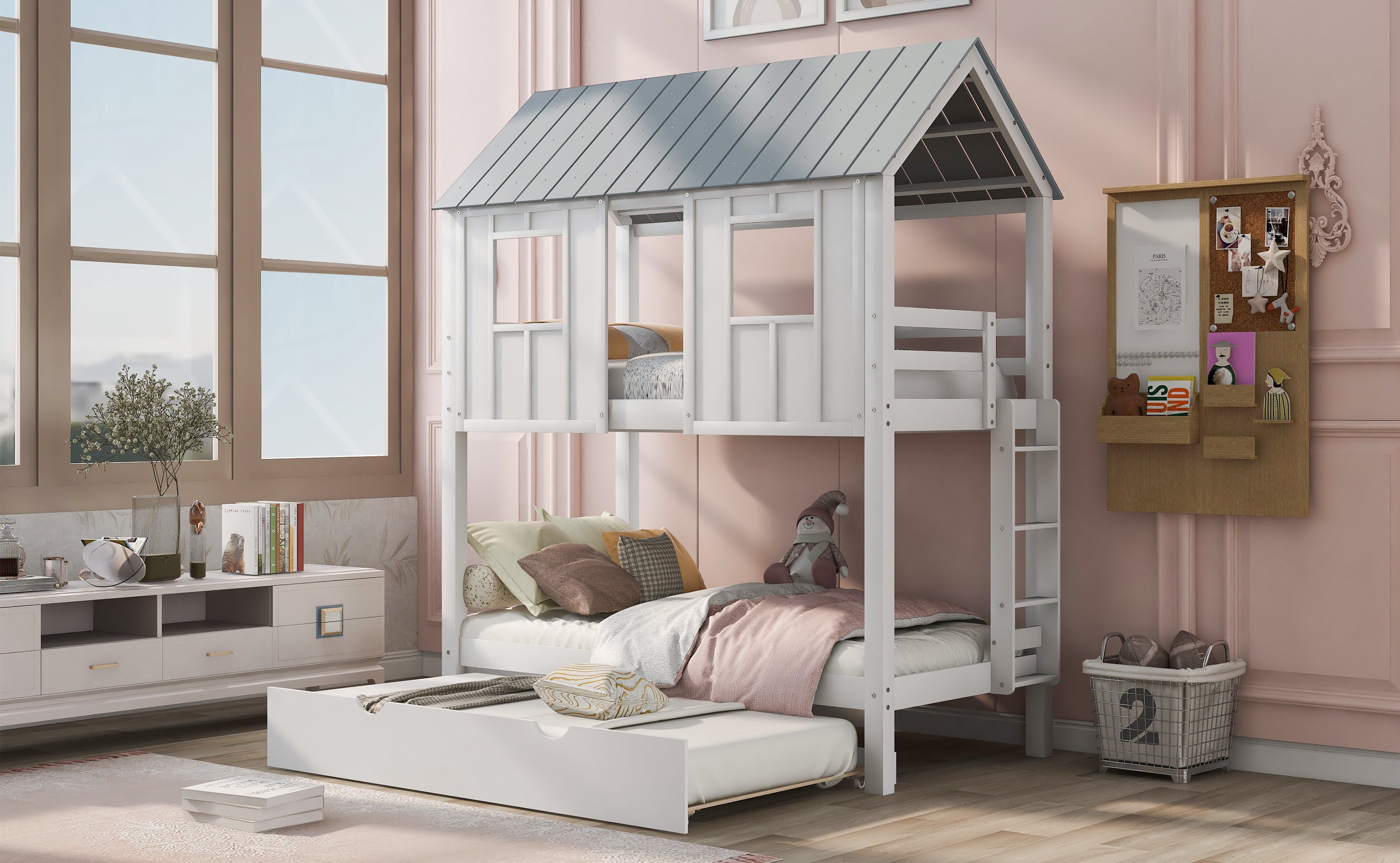 Twin Size House Bunk Bed with Trundle, Roof and Windows, White+Grey