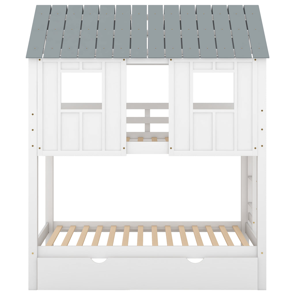 Twin Size House Bunk Bed with Trundle, Roof and Windows, White+Grey