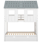 Twin Size House Bunk Bed with Trundle, Roof and Windows, White+Grey