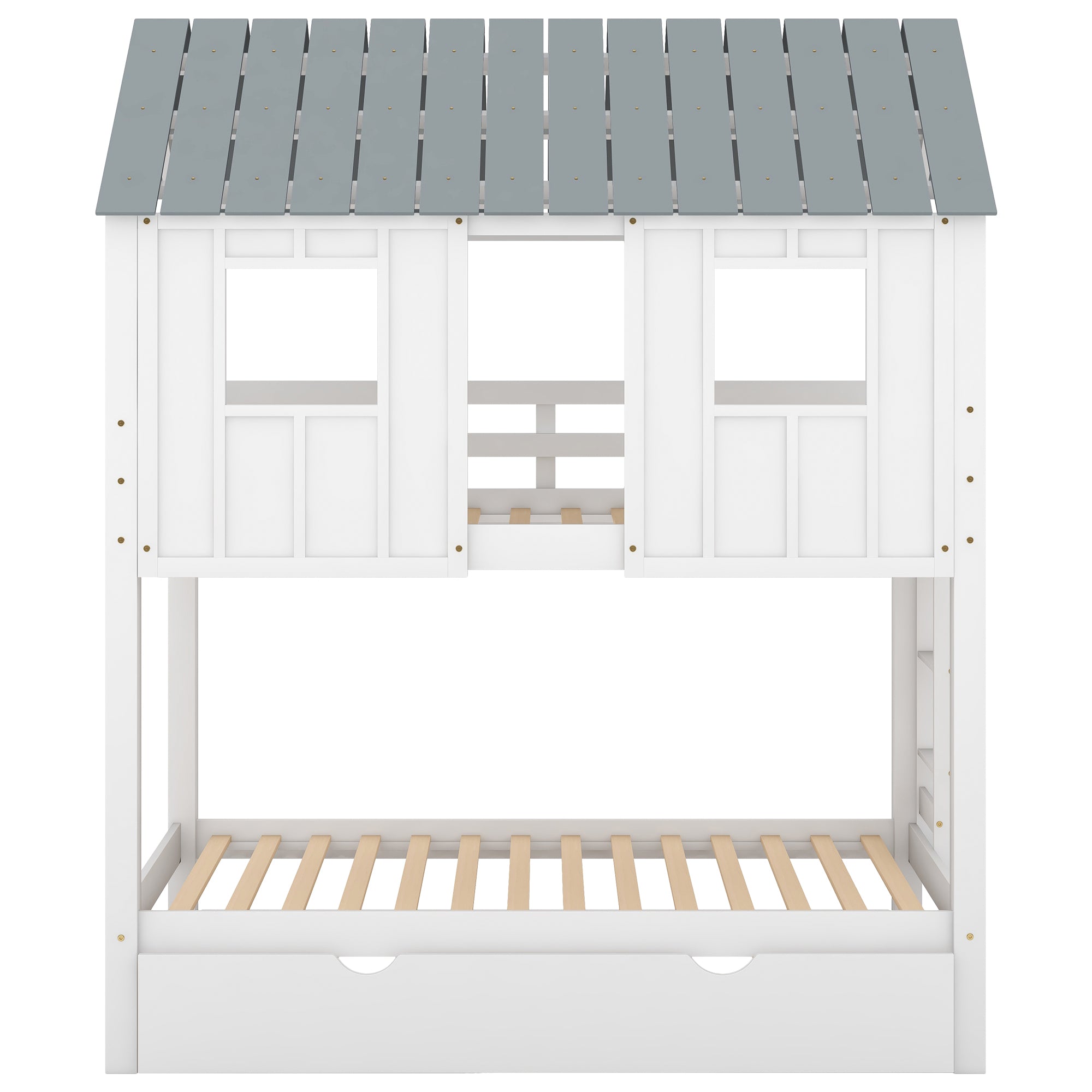 Twin Size House Bunk Bed with Trundle, Roof and Windows, White+Grey