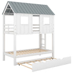 Twin Size House Bunk Bed with Trundle, Roof and Windows, White+Grey