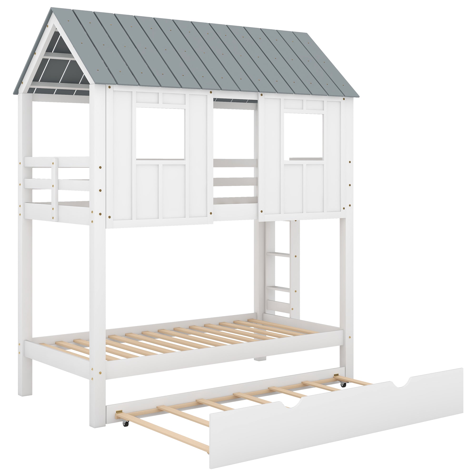 Twin Size House Bunk Bed with Trundle, Roof and Windows, White+Grey