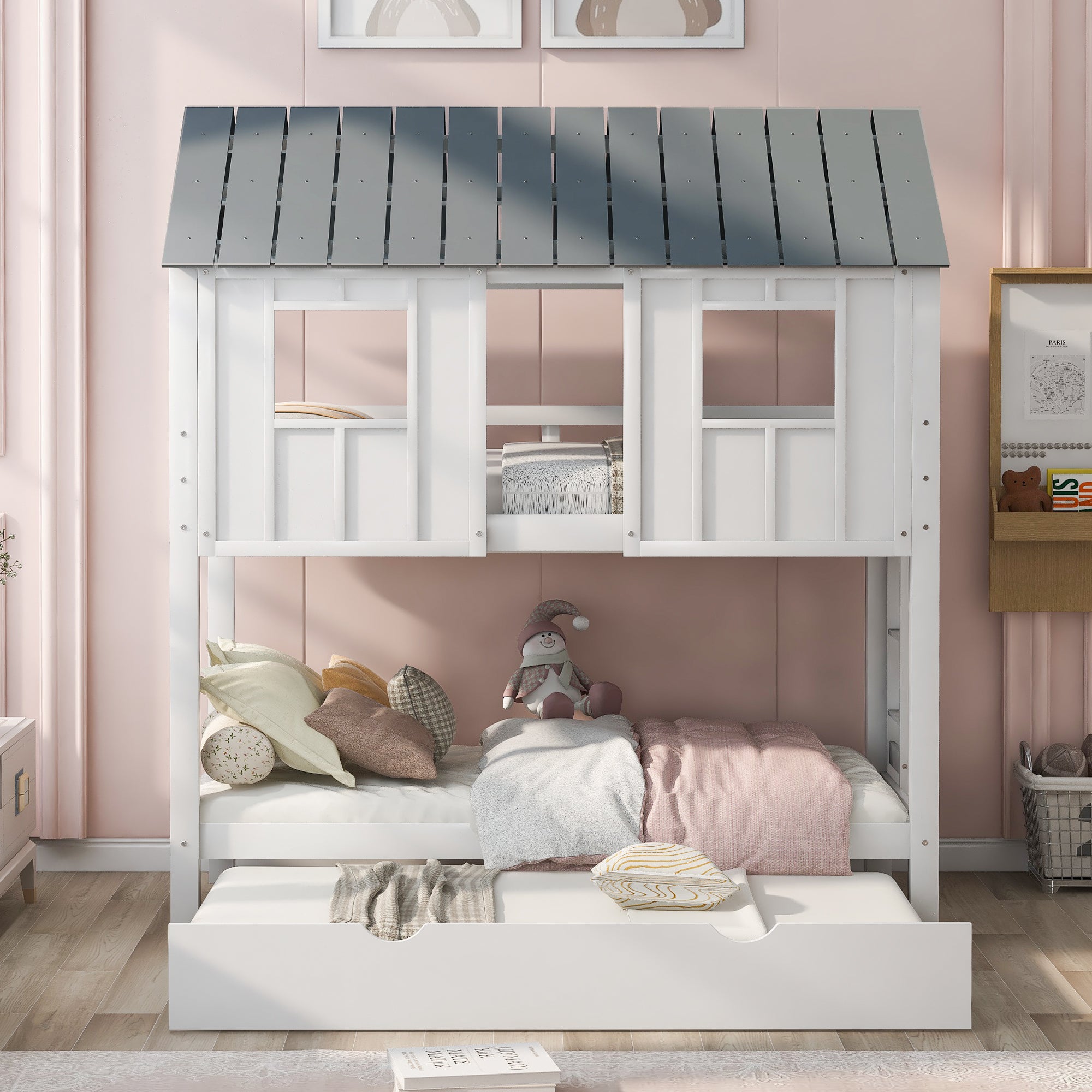 Twin Size House Bunk Bed with Trundle, Roof and Windows, White+Grey