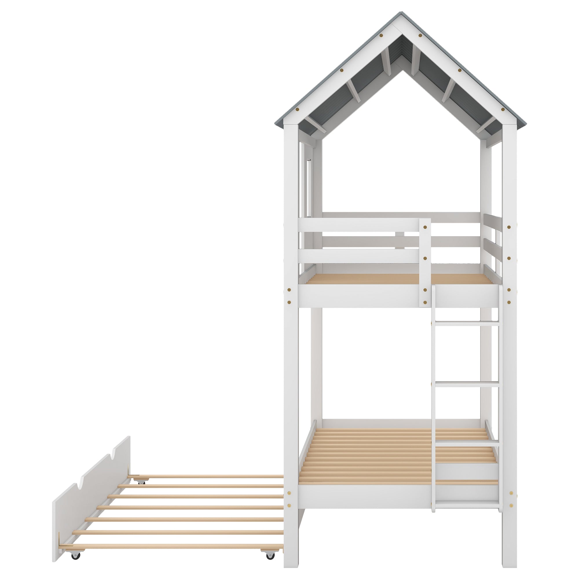 Twin Size House Bunk Bed with Trundle, Roof and Windows, White+Grey