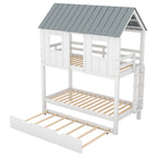 Twin Size House Bunk Bed with Trundle, Roof and Windows, White+Grey