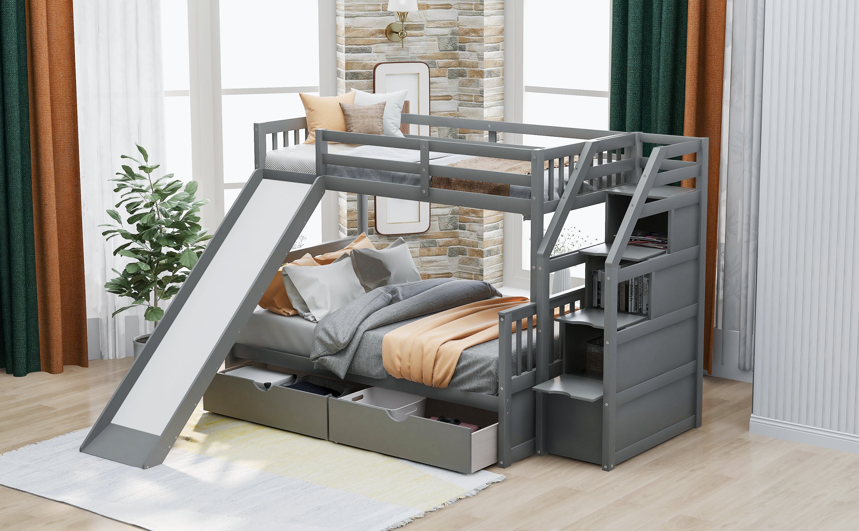 Twin Over Full Bunk Bed with Drawers, Storage and Slide