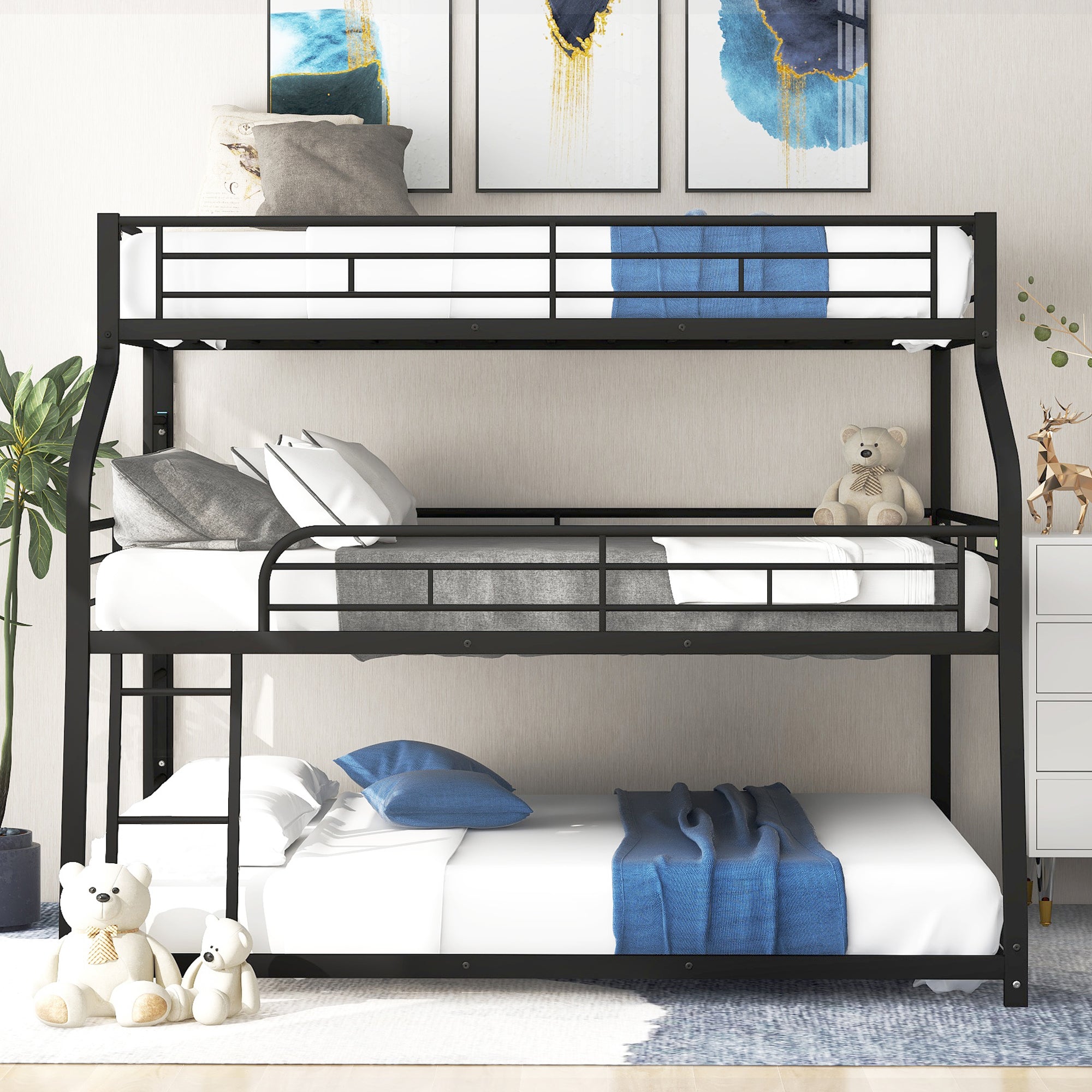 Twin XL/Full XL/Queen Triple Bunk Bed with Long and Short Ladder
