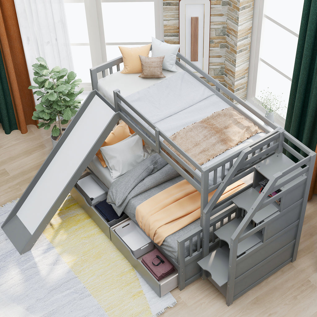 Twin Over Full Bunk Bed with Drawers, Storage and Slide