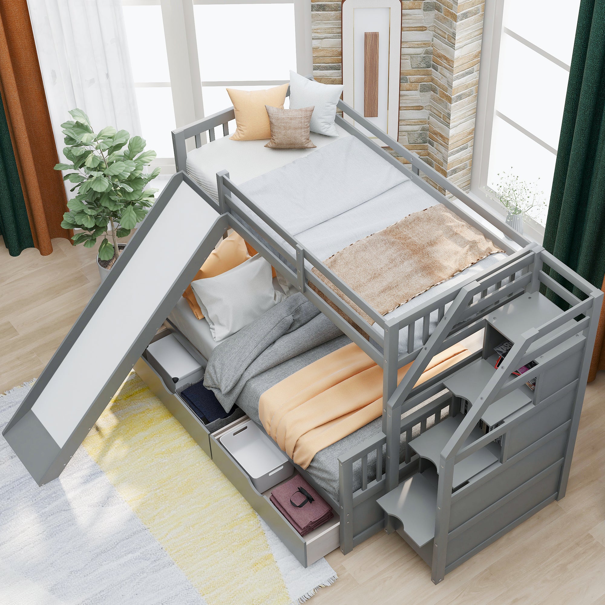 Twin Over Full Bunk Bed with Drawers, Storage and Slide