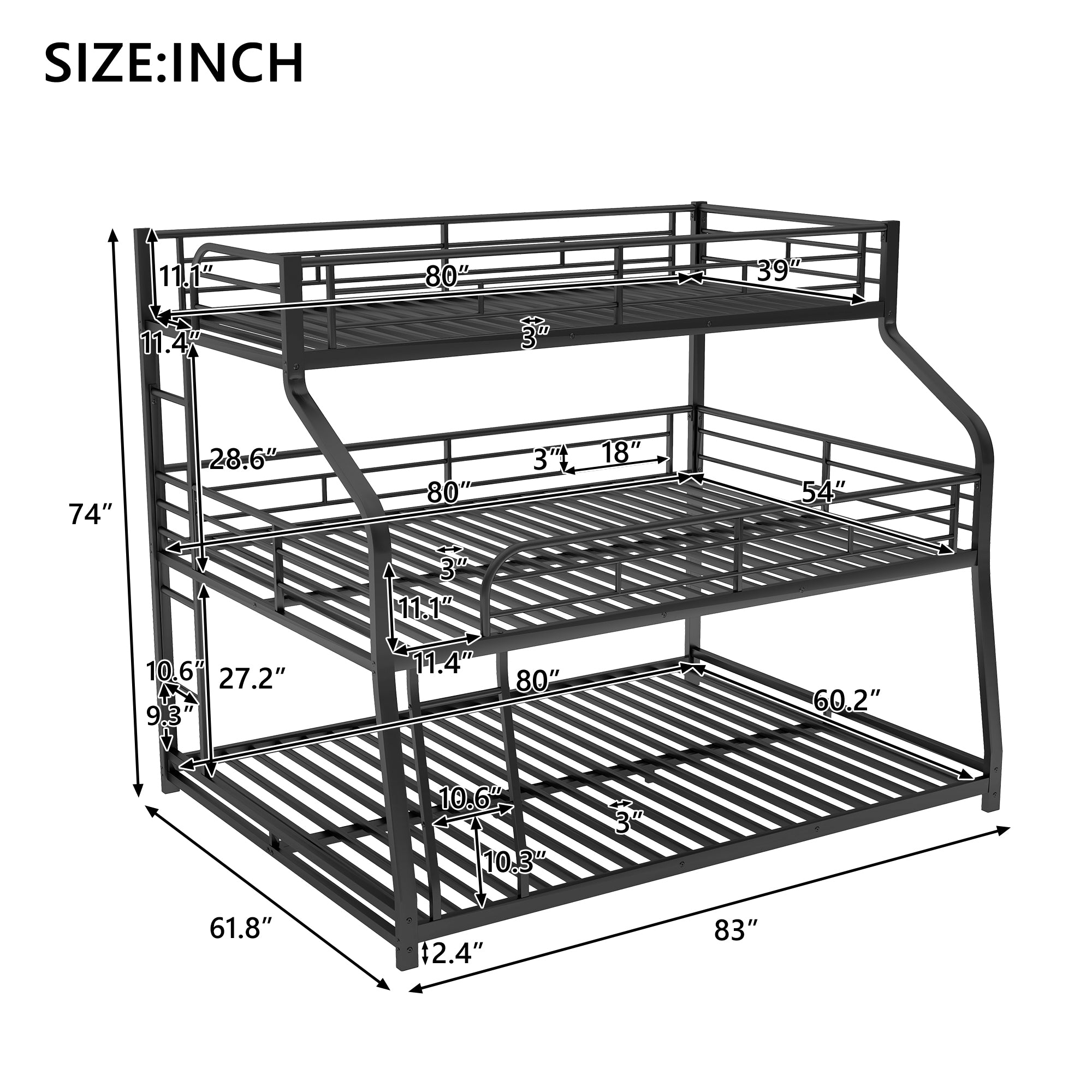 Twin XL/Full XL/Queen Triple Bunk Bed with Long and Short Ladder