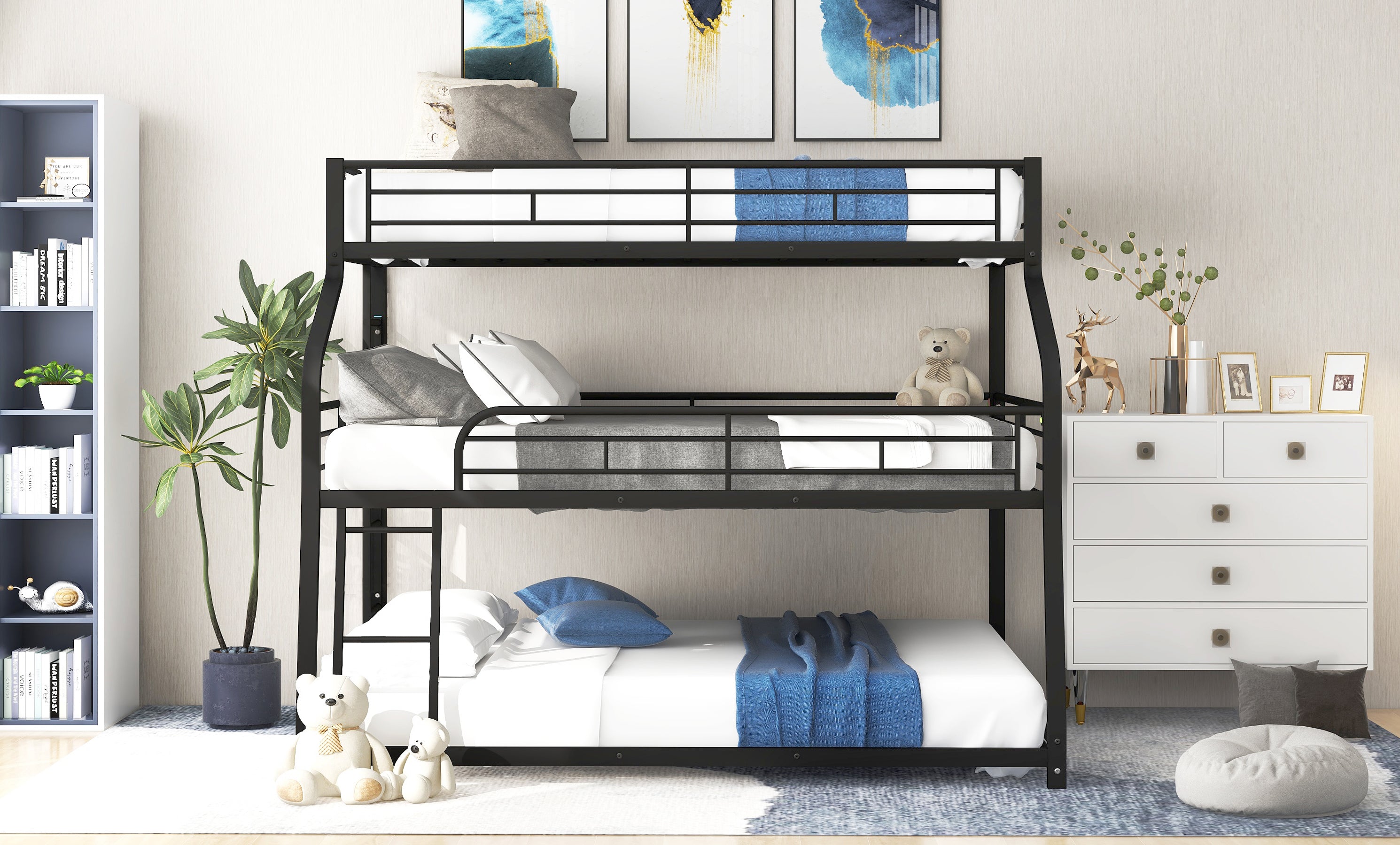 Twin XL/Full XL/Queen Triple Bunk Bed with Long and Short Ladder