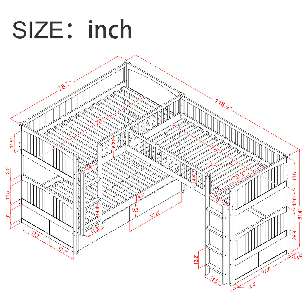 Twin Size Bunk Bed with a Loft Bed Attached, with Two Drawers