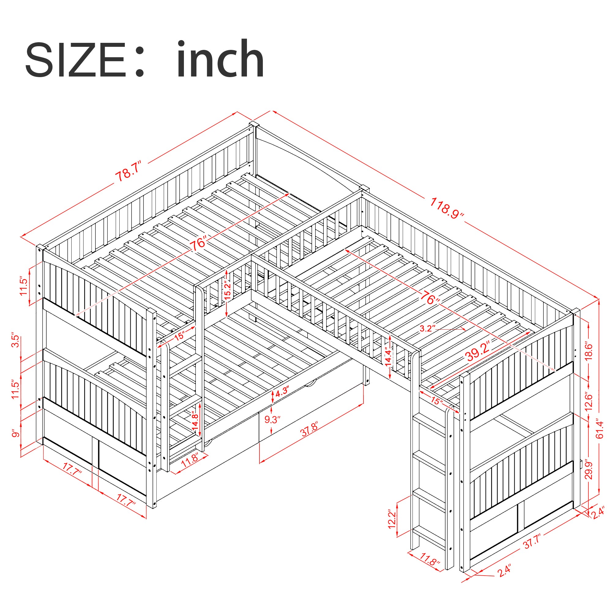 Twin Size Bunk Bed with a Loft Bed Attached, with Two Drawers