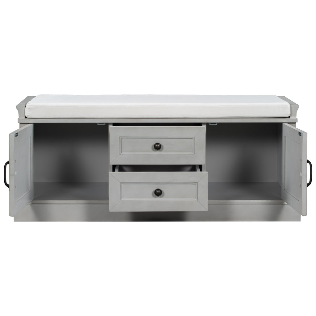 TREXM Storage Bench with 2 Drawers and 2 Cabinets, Gray Wash