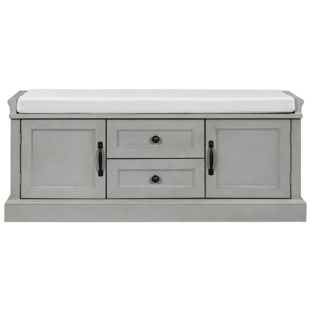TREXM Storage Bench with 2 Drawers and 2 Cabinets, Gray Wash