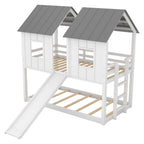 Twin Over Twin House Bunk Bed with Slide and Windows