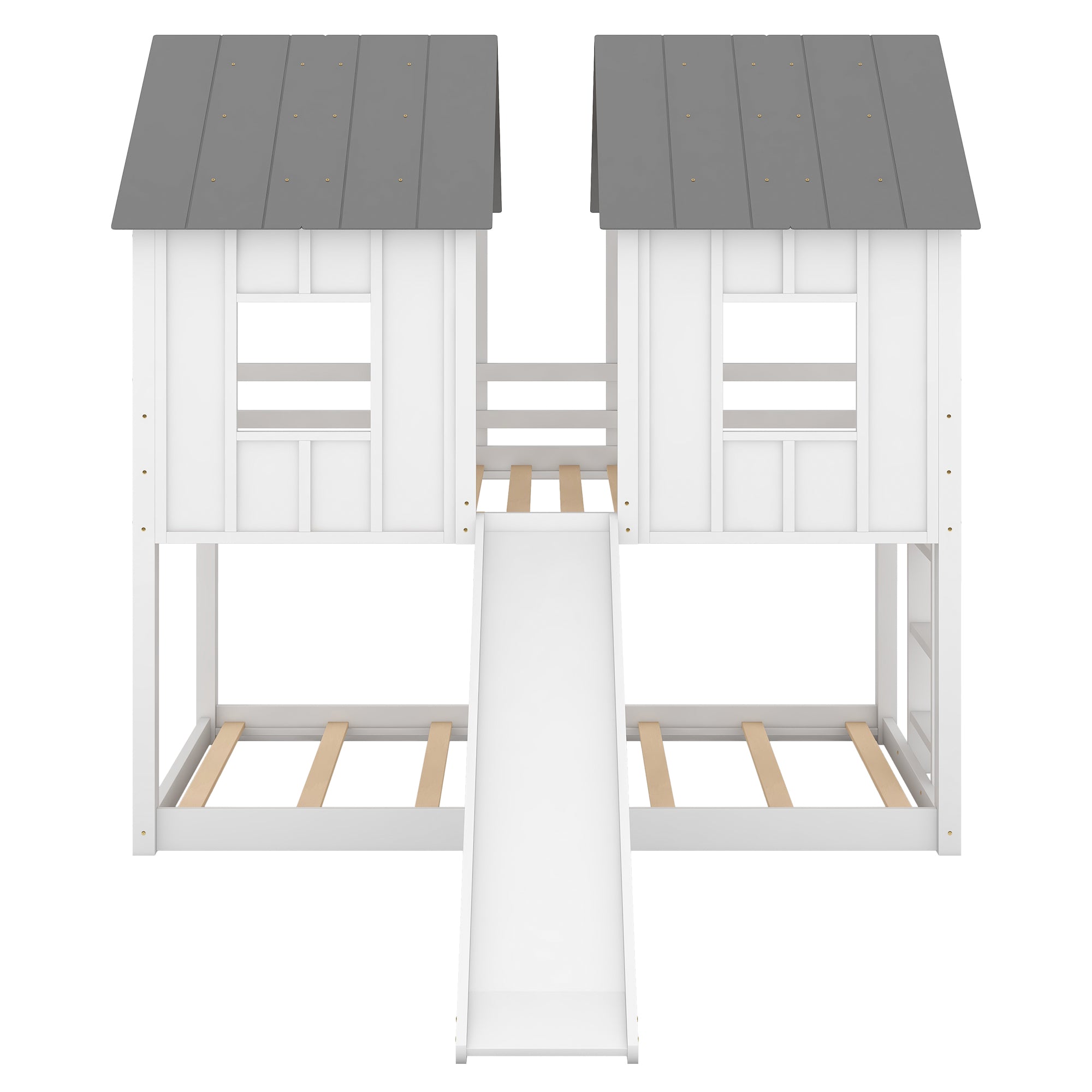 Twin Over Twin House Bunk Bed with Slide and Windows