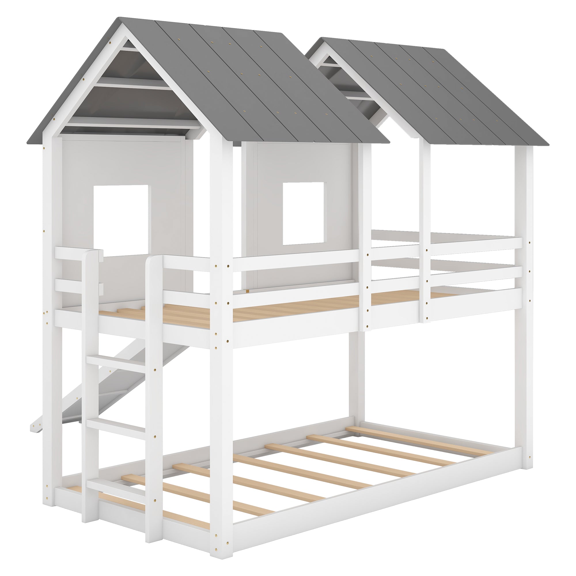 Twin Over Twin House Bunk Bed with Slide and Windows