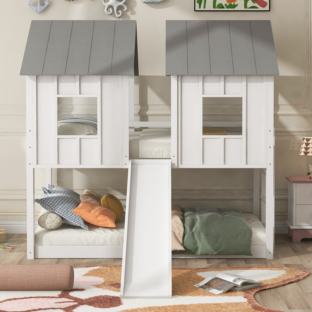 Twin Over Twin House Bunk Bed with Slide and Windows