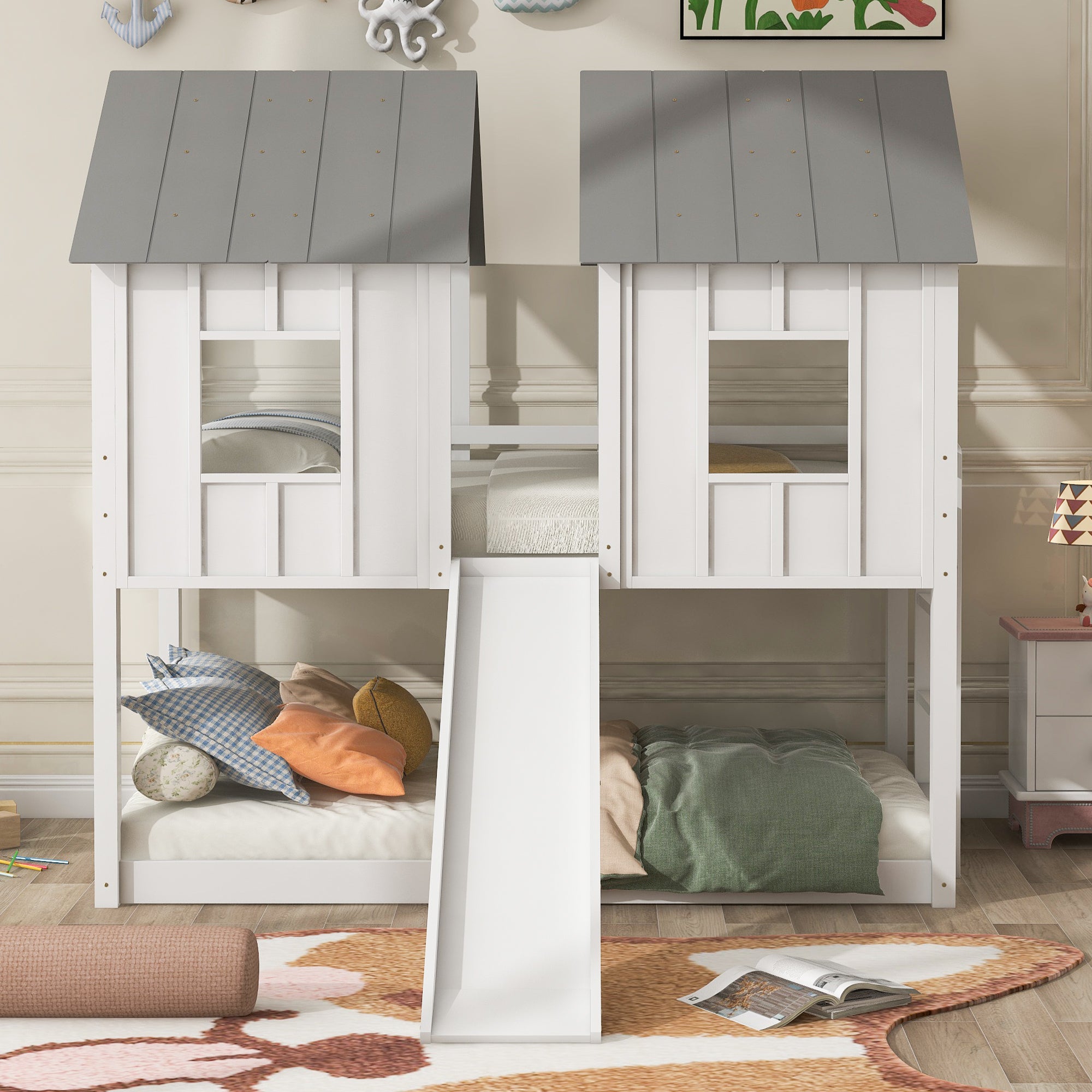 Twin Over Twin House Bunk Bed with Slide and Windows