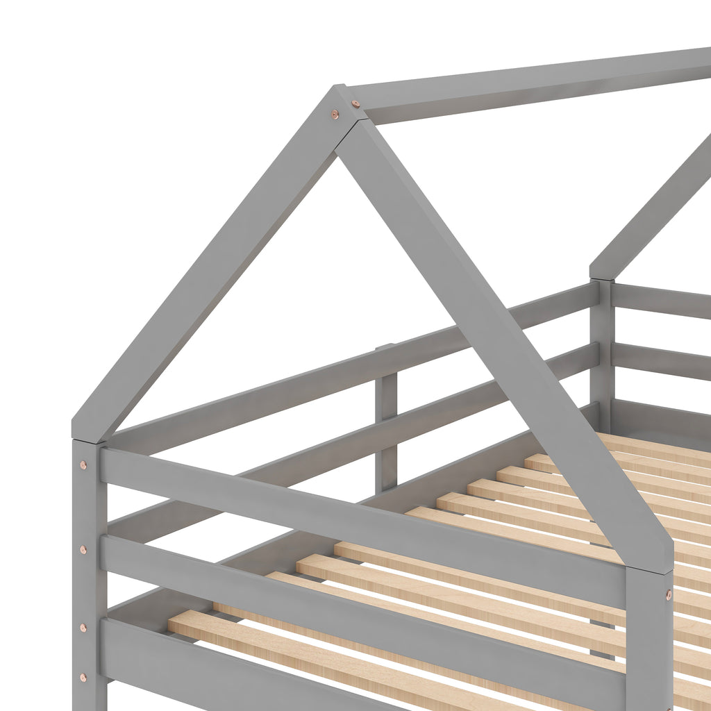 Twin Over Twin Low Bunk Bed with Ladder, Gray