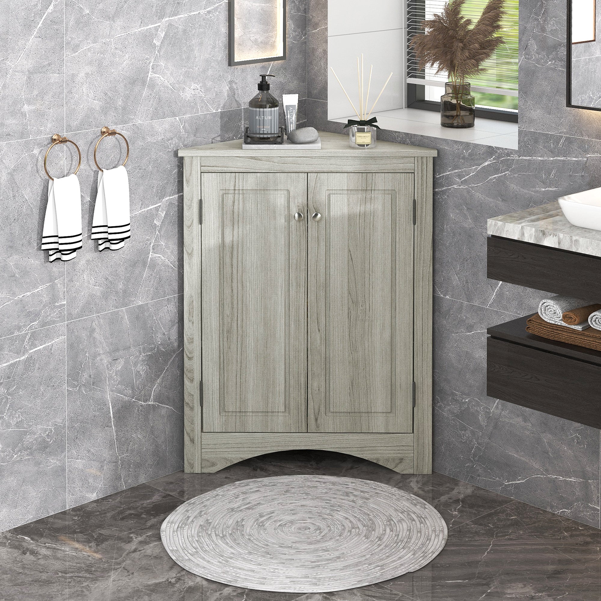 Oak Triangle Bathroom Storage Cabinet with Adjustable Shelves