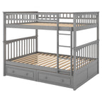 Full Over Full Bunk Bed with Drawers, Convertible Beds, Gray