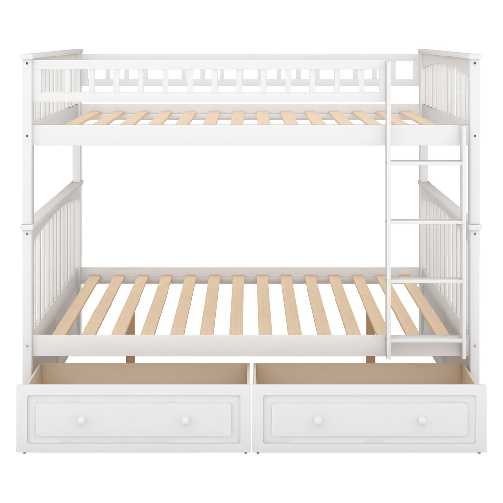 Full Over Full Bunk Bed with Drawers, Convertible Beds, White